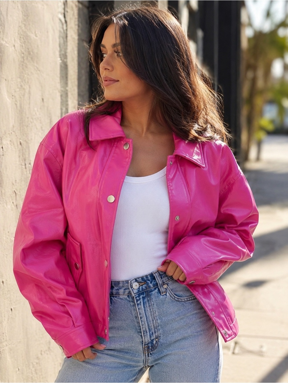 Cloud Ten Pink Vegan Leather Bomber Jacket NWT Large Magenta Faux Leather